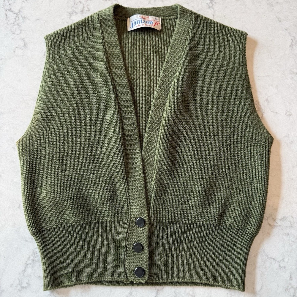 VTG Jantzen Jr Olive Green Sweater Vest 34 (XXS) - Flaws